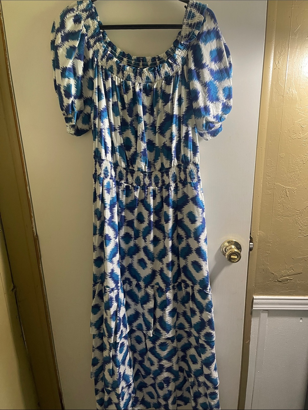 Knox Rose Blue Ikat Smocked Maxi Dress Size Large